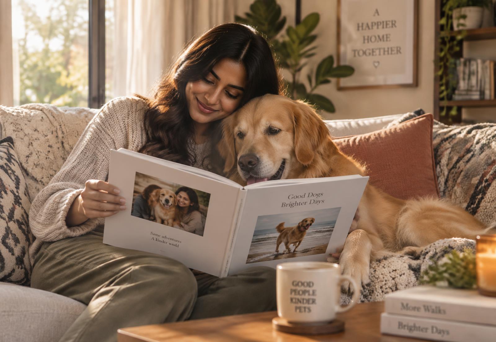 A woman and her golden retriever looking through their photobook together